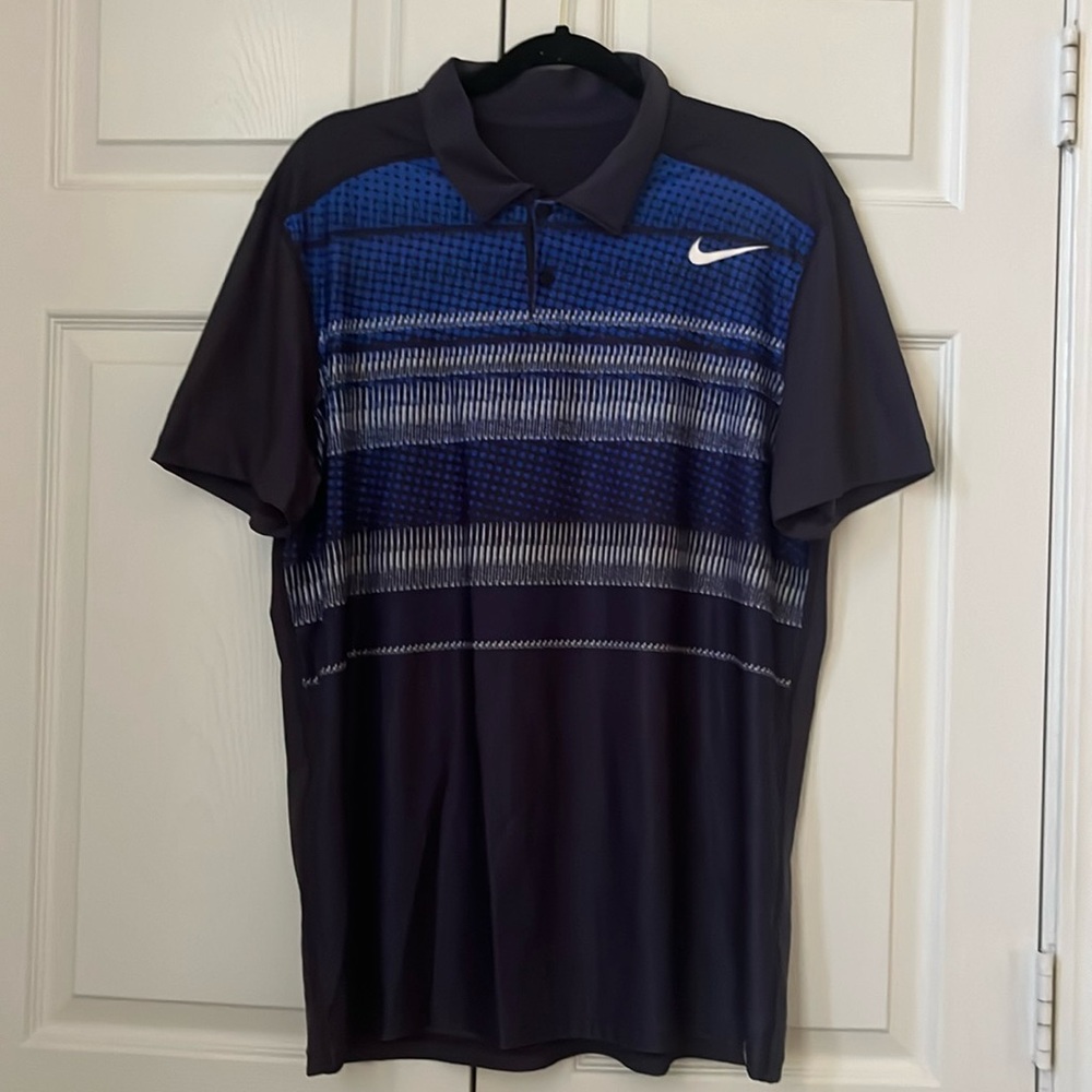 Nike Drifit Tennis/Pickleball shirt, navy with blue and white design, size L